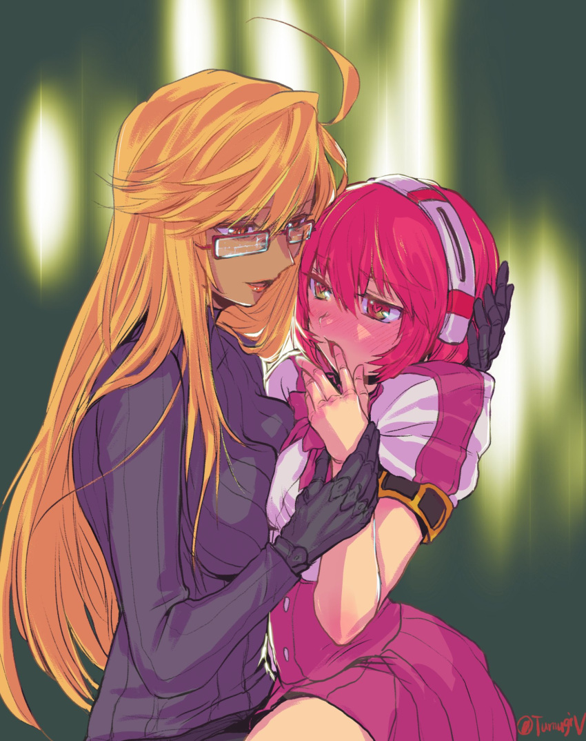 2girls android asymmetrical_docking blonde_hair blush breast_press commentary_request cybernetic_parts dana_zane dorothy_haze finger_licking glasses highres hug licking mechanical_arms mugitarou multiple_girls pink_hair red_eyes tan va-11_hall-a yuri
