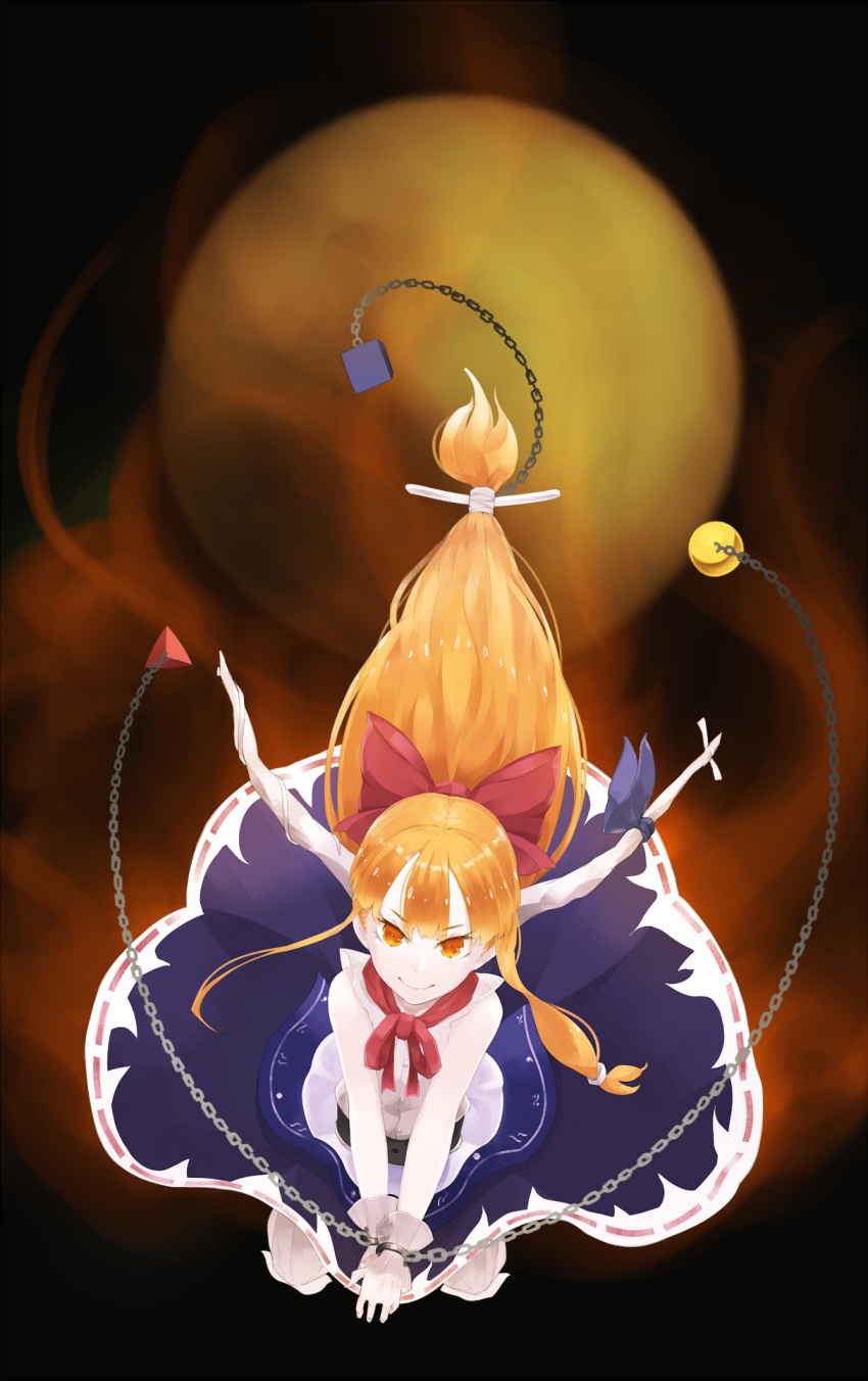 1girl belt blue_ribbon blue_skirt buttons chain commentary cube cuffs hair_ornament hair_ribbon highres horn_ribbon horns ibuki_suika long_hair o_(crazyoton46) orange_eyes orange_hair pyramid_(geometry) red_neckwear red_ribbon ribbon shirt skirt sleeveless sleeveless_shirt smile solo sphere touhou white_shirt