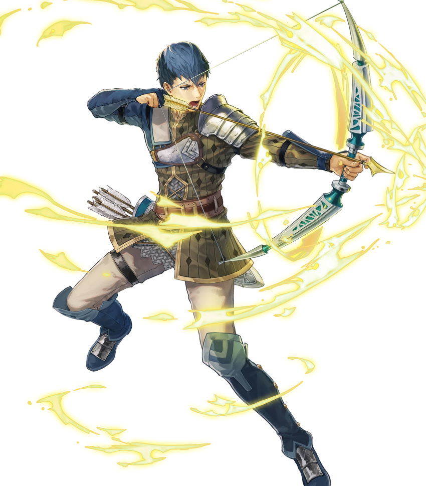 1boy arrow aura belt blue_hair boots bow_(weapon) brown_eyes fingerless_gloves fire_emblem fire_emblem_echoes:_shadows_of_valentia fire_emblem_heroes full_body gloves highres official_art open_mouth python_(fire_emblem) quiver solo suda_ayaka teeth transparent_background weapon