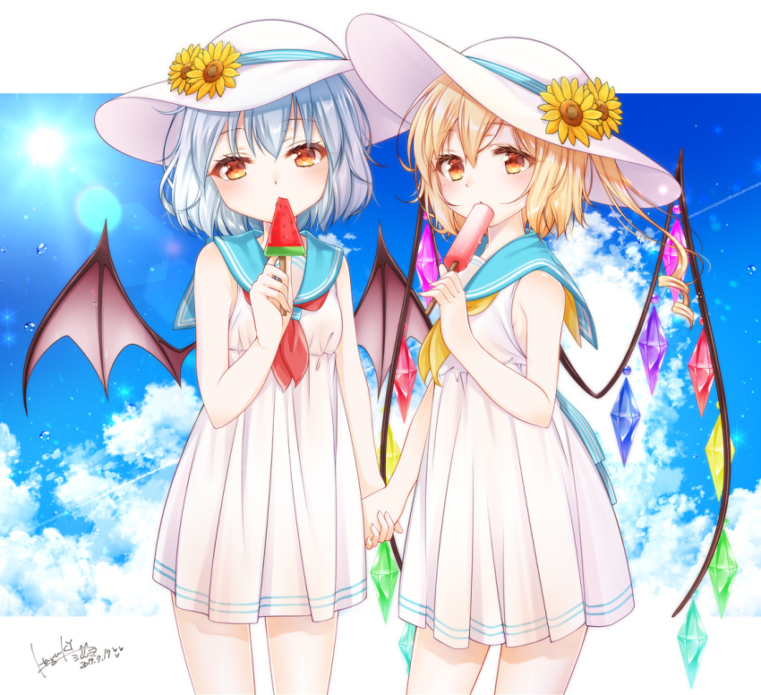 2girls alternate_costume alternate_headwear bare_arms bat_wings blonde_hair blue_sailor_collar blue_sky clouds commentary_request condensation_trail cute dated day dress eating eyebrows_visible_through_hair flandre_scarlet flower food food_in_mouth hair_between_eyes haruki_(colorful_macaron) hat hat_flower head_tilt holding holding_food holding_hands lens_flare light_blue_hair looking_at_viewer multiple_girls neckerchief outdoors partial_commentary popsicle red_eyes red_neckwear remilia_scarlet sailor_collar short_dress short_hair siblings side_ponytail signature sisters sky standing summer sun_hat sundress sunflower team_shanghai_alice touhou vampire watermelon_bar wings yellow_neckwear