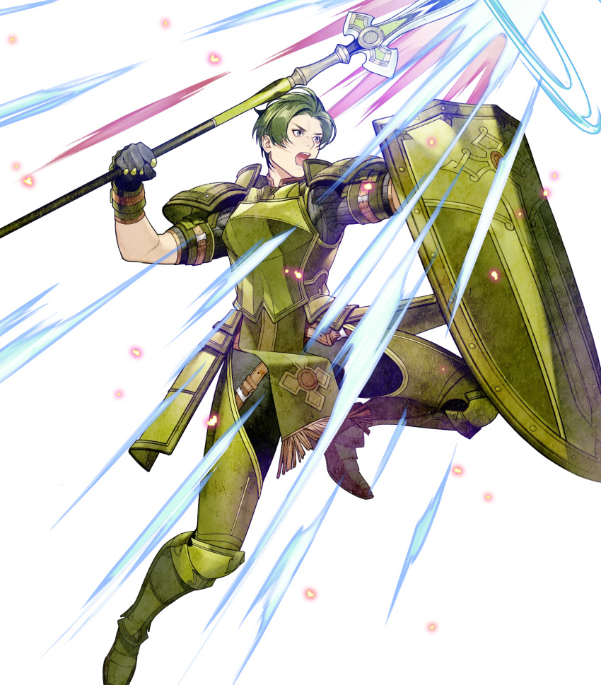 1boy armor armored_boots aura boots fire_emblem fire_emblem_echoes:_shadows_of_valentia fire_emblem_heroes forsyth_(fire_emblem) full_body gloves green_eyes green_hair highres official_art open_mouth polearm shield solo spear teeth transparent_background weapon