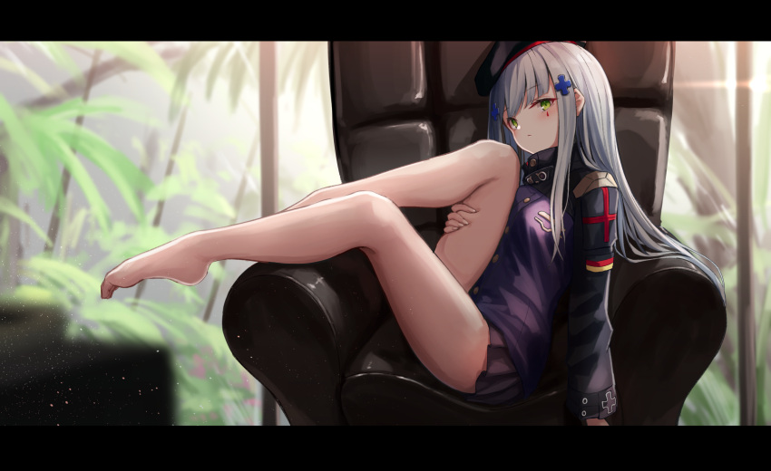 1girl bangs bare_legs barefoot beret blunt_bangs blurry blurry_background blush breasts chair depth_of_field eyebrows_visible_through_hair facial_mark german_flag girls_frontline gloves green_eyes hair_ornament hat highres hk416_(girls_frontline) holding_leg indoors jacket knoy3356 letterboxed long_hair looking_at_viewer medium_breasts military_jacket plaid plaid_skirt reclining silver_hair skirt solo teardrop very_long_hair
