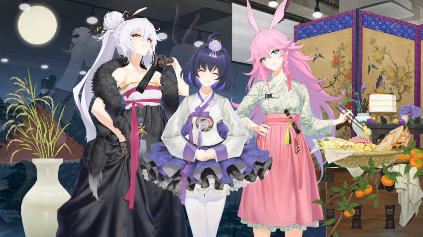 3girls absurdres ahoge animal_ears bangs black_gloves blue_eyes blue_hair blush braid breasts chinese_clothes chopsticks closed_eyes commentary_request crown_braid dress eating eyebrows_visible_through_hair fan feather_boa folding_fan fox_ears full_moon full_mouth gloves hair_between_eyes hair_bun hair_flaps hair_ornament hair_ribbon half_gloves hand_on_hip hanfu head_tilt highres holding holding_chopsticks holding_fan honkai_(series) honkai_impact_3rd indoors kiana_kaslana kiana_kaslana_(herrscher_of_the_void) large_breasts light long_hair long_sleeves looking_at_viewer medium_breasts messy_hair moon multicolored_hair multiple_girls night pantyhose parted_lips pink_hair plant ponytail potted_plant ribbon sash seele_vollerei short_hair side_braid silver_hair smile snap-fit_buckle standing strapless team_expndr very_long_hair white_legwear yae_sakura yellow_eyes