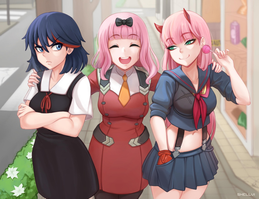 3girls :d artist_name bangs black_bow black_dress black_hair black_legwear black_sailor_collar black_shirt black_skirt blue_eyes blunt_bangs bow candy cosplay costume_switch crossed_arms darling_in_the_franxx dress eyebrows_visible_through_hair food frown fujiwara_chika gloves green_eyes hair_between_eyes hair_bow hand_in_pocket hands_on_another's_shoulders highres kaguya-sama_wa_kokurasetai_~tensai-tachi_no_renai_zunousen~ kill_la_kill lollipop long_hair long_sleeves matoi_ryuuko midriff miniskirt multicolored_hair multiple_girls navel neck_ribbon neckerchief necktie oni_horns open_mouth orange_neckwear outdoors pink_hair pleated_skirt red_dress red_gloves red_horns red_neckwear red_ribbon redhead ribbon road sailor_collar school_uniform senketsu serafuku shellvi shirt short_hair short_sleeves single_glove skirt sleeves_pushed_up smile straight_hair streaked_hair street suspenders uniform very_long_hair zero_two_(darling_in_the_franxx)