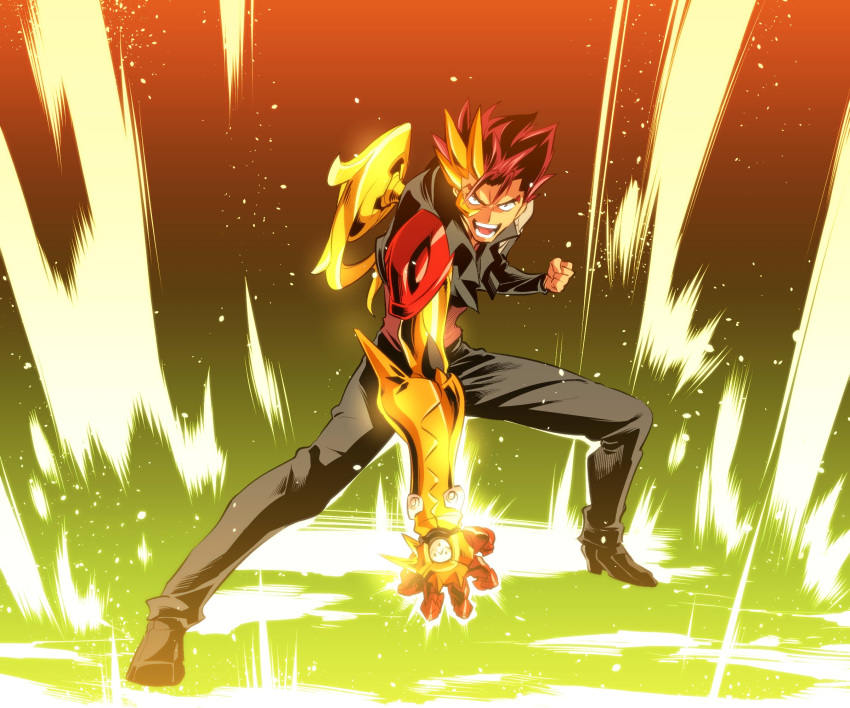 1boy black_jacket cropped_jacket highres ishiyumi jacket kazuma_(scryed) male_focus orange_armor pose power_fist scryed