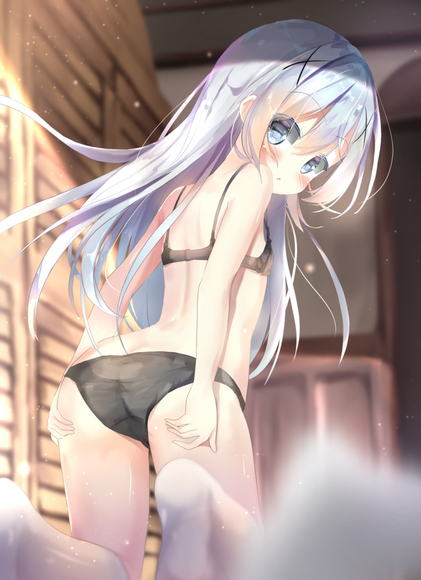 1girl :&lt; ass bangs bare_shoulders black_bra black_panties blue_eyes blue_hair blurry blurry_background blurry_foreground blush bra breasts closed_mouth depth_of_field eyebrows_visible_through_hair gochuumon_wa_usagi_desu_ka? hair_between_eyes hair_ornament hands_on_own_ass highres indoors kafuu_chino kneehighs kneeling long_hair looking_at_viewer looking_back na!?_(naxtuyasai) no_shoes panties small_breasts solo underwear underwear_only very_long_hair white_legwear x_hair_ornament