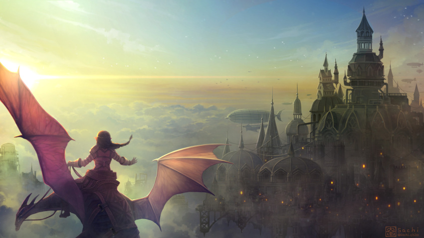 above_clouds aircraft armor black_hair building commentary_request dawn dirigible dome dragon facing_away fantasy fog from_behind gloves highres long_hair long_sleeves morning outdoors outstretched_arms pointy_ears riding sachi_(yumemayoi) scenery sky solo sunrise wide_shot