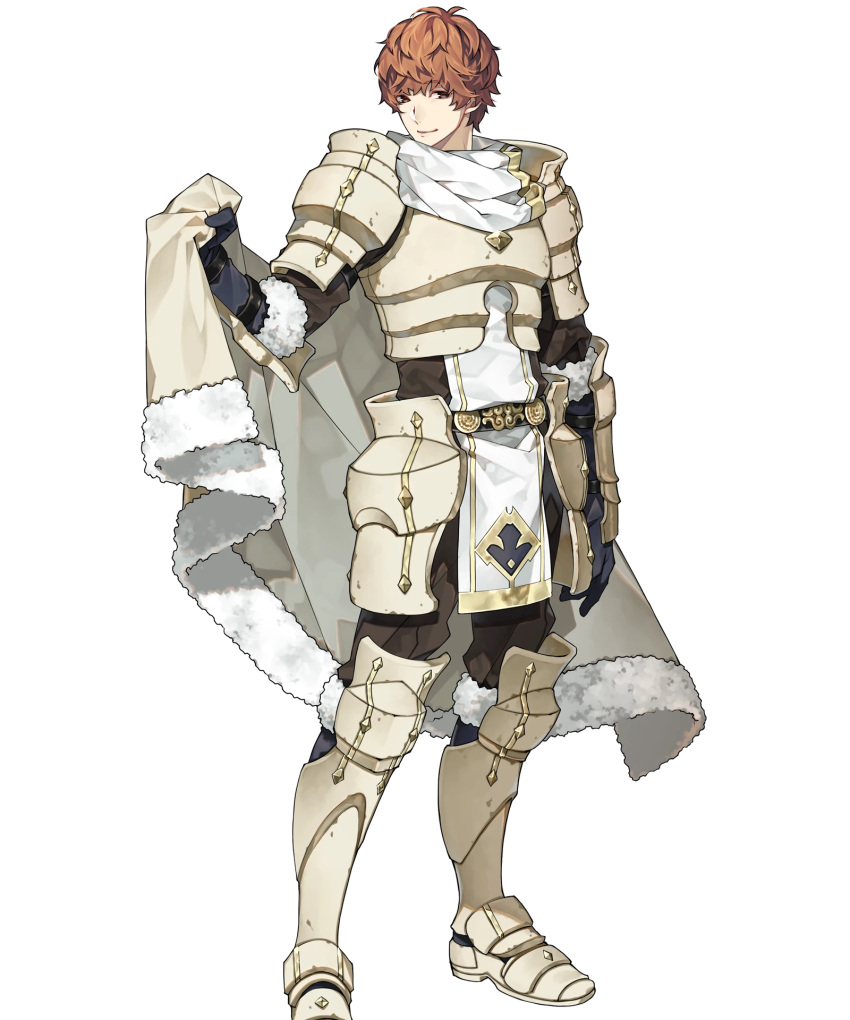 1boy 88_taho armor armored_boots boots brown_eyes cape conrad_(fire_emblem) fire_emblem fire_emblem_echoes:_shadows_of_valentia fire_emblem_heroes full_body fur_trim gloves highres official_art orange_hair scarf solo transparent_background weapon