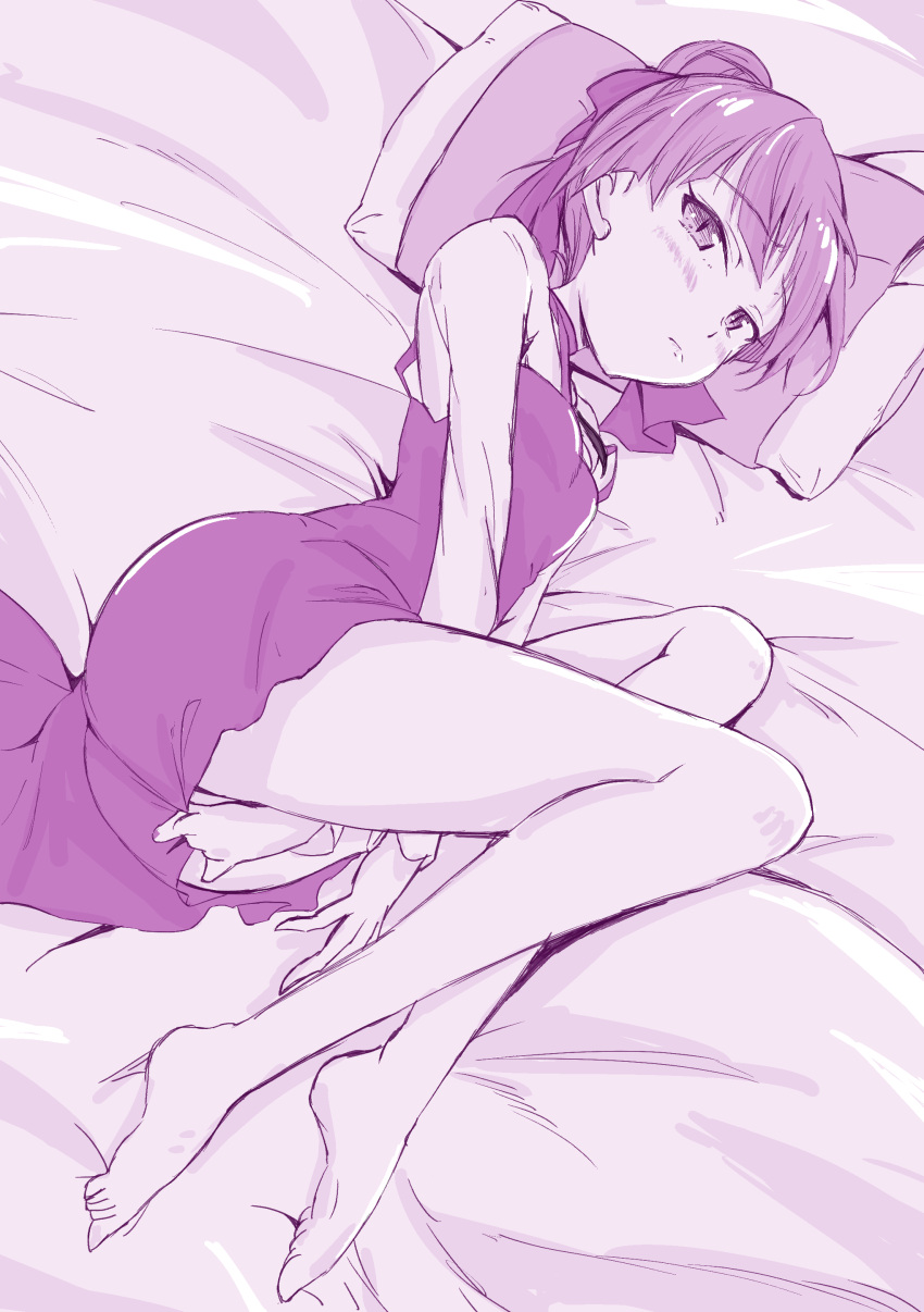 1girl absurdres bangs barefoot bed_sheet blush bow choker closed_mouth commentary dress dress_tug eyebrows_visible_through_hair fetal_position from_above frown gegege_no_kitarou hair_bow hair_bun half-closed_eyes highres legs long_sleeves looking_at_viewer lying monochrome nekomusume nekomusume_(gegege_no_kitarou_6) on_bed on_side pillow pinafore_dress pointy_ears purple_theme shiiba_aki shirt short_dress short_hair slit_pupils solo