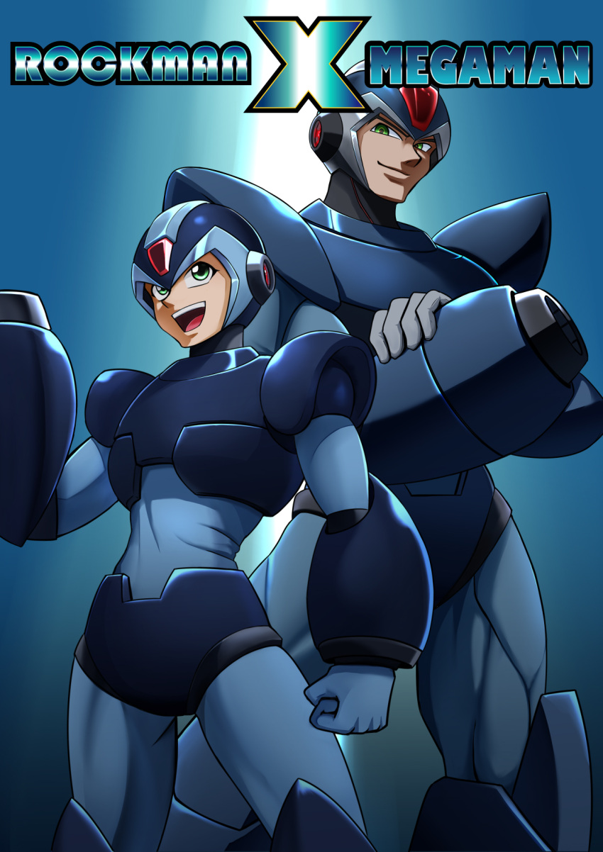 2boys android arm_cannon armor blue_gloves commentary dual_persona gloves great_(cyclops) green_eyes helmet highres male_focus multiple_boys open_mouth robot rockman rockman_x size_difference smile solo weapon white_gloves x_(rockman)