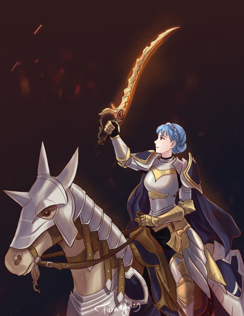 1girl 1other animal armor blue_hair braid cape closed_mouth crown_braid fire_emblem fire_emblem:_three_houses fire_emblem:_three_houses highres holding holding_sword holding_weapon horse horseback_riding human intelligent_systems koei_tecmo mammal marianne_von_edmund nintendo riding signature solo sword tamafries weapon