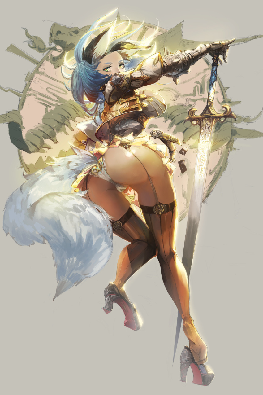 1girl absurdres animal_ears armor ass bamuth black_legwear blue_hair breastplate breasts from_behind full_body grey_background high_heels highres holding holding_sword holding_weapon leg_up looking_at_viewer looking_back makeup mascara medium_breasts medium_hair miniskirt original pauldrons pinky_out shoulder_armor shoulder_pads simple_background skindentation skirt soles solo standing standing_on_one_leg sword tail thigh-highs thigh_strap vambraces weapon wolf_ears wolf_girl wolf_tail yellow_skirt