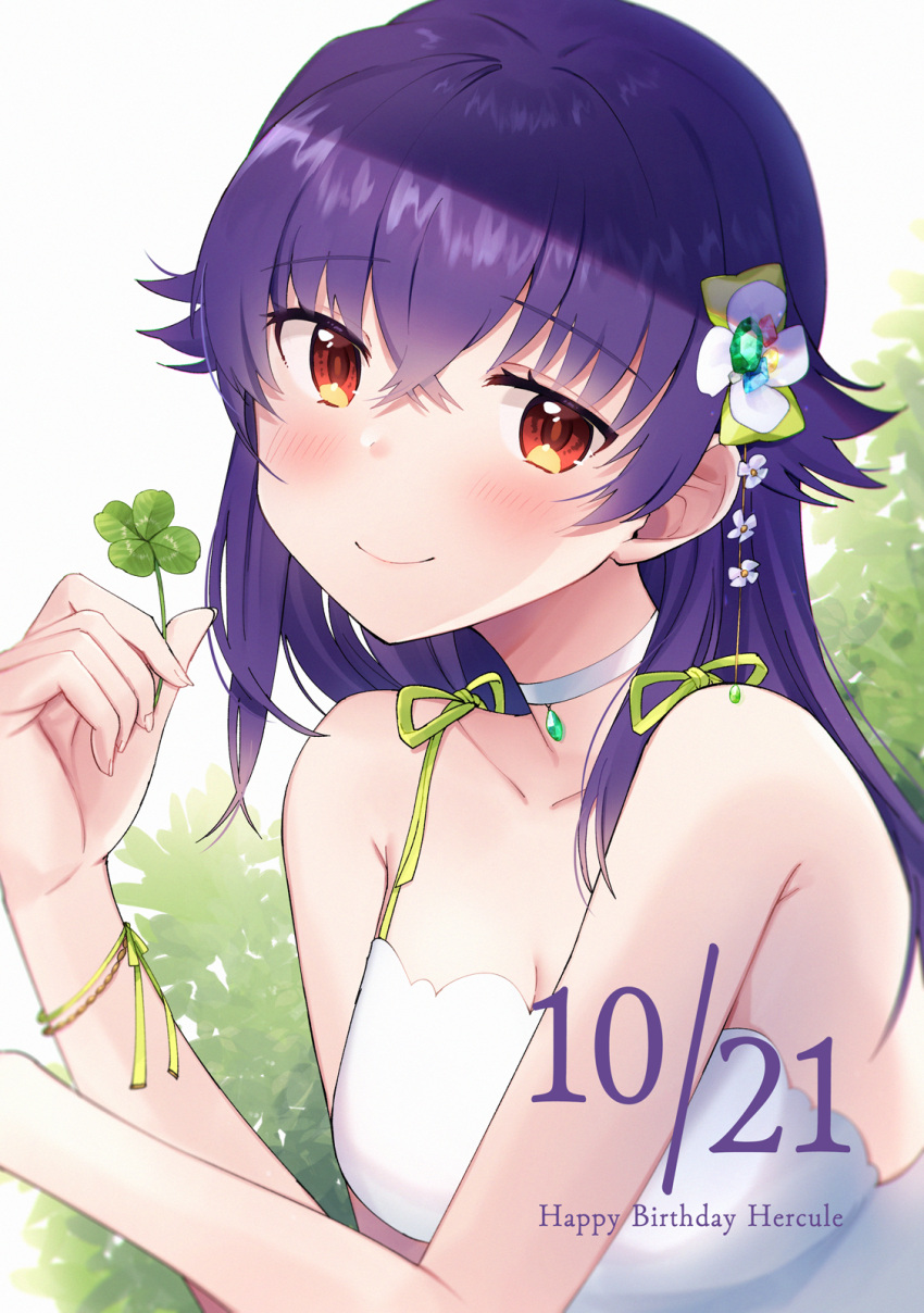 1girl bangs bare_arms bare_shoulders blush bow breasts character_name choker closed_mouth clover collarbone commentary_request dated dress eyebrows_visible_through_hair fingernails flower four-leaf_clover green_bow grey_background hair_between_eyes hair_bow hands_up happy_birthday hercule_barton highres holding long_hair mugi_(iccomae) purple_hair red_eyes sleeveless sleeveless_dress small_breasts smile solo tantei_opera_milky_holmes upper_body very_long_hair white_choker white_dress white_flower