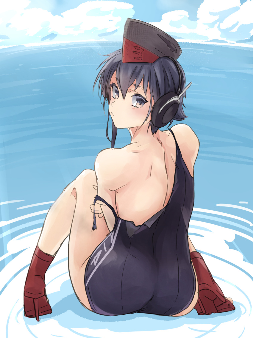 1girl ailiner7060 asymmetrical_hair black_hair black_swimsuit blue_sky boots brown_eyes clouds commentary_request day from_behind hair_between_eyes hat headphones high_heel_boots high_heels highres horizon i-14_(kantai_collection) kantai_collection looking_at_viewer looking_back open_toe_shoes outdoors red_footwear school_swimsuit short_hair sitting sky solo swimsuit torn_clothes water