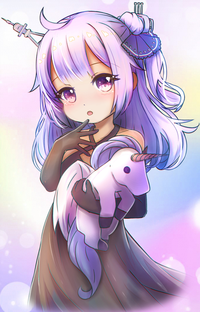 1girl absurdres azur_lane black_dress black_gloves child dress elbow_gloves gloves hair_bun hand_to_own_mouth highres long_hair open_mouth purple_hair shou_zong solo stuffed_animal stuffed_toy unicorn_(azur_lane) violet_eyes