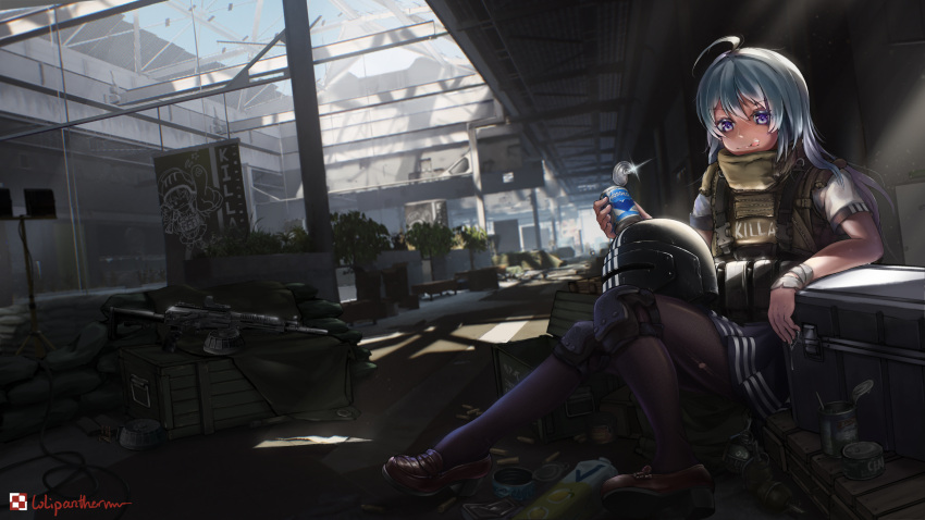 1girl ahoge ammo_box ammunition black_legwear black_skirt blue_eyes box brown_footwear bulletproof_vest can canned_food escape_from_tarkov explosive grenade grey_hair gun helmet highres holding holding_can indoors knee_pads licking_lips light_machine_gun loafers lolipantherwww long_hair magazine_(weapon) open_can pantyhose plate_carrier pleated_skirt rpk sandbag shirt shoes short_sleeves skirt solo tongue tongue_out weapon white_shirt