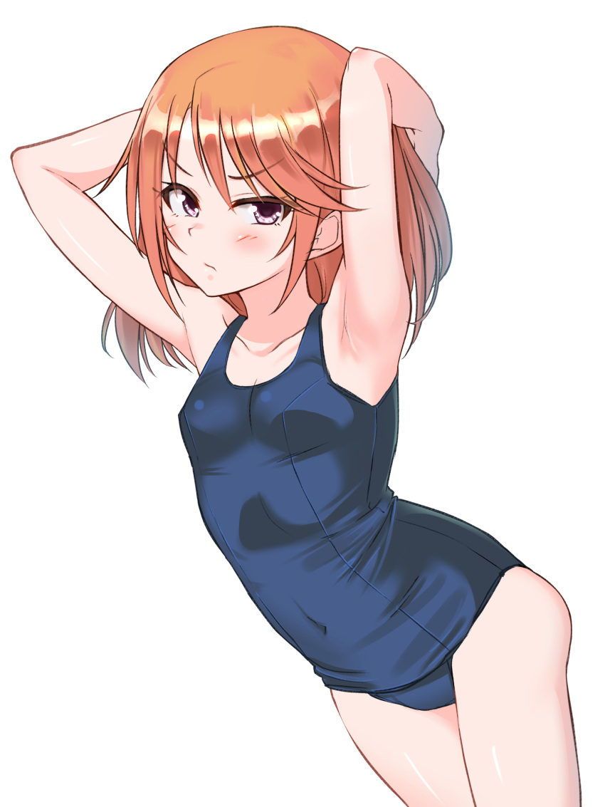 1girl adjusting_hair arched_back armpits arms_behind_head arms_up bangs blush breasts closed_mouth collarbone covered_navel dutch_angle embarrassed eyebrows_visible_through_hair eyes_visible_through_hair furrowed_eyebrows highres idolmaster idolmaster_cinderella_girls light_frown looking_at_viewer medium_hair navel orange_hair pout school_swimsuit shiny shiny_skin shirota_mizuki simple_background small_breasts solo standing swept_bangs swimsuit thighs violet_eyes white_background yuuki_haru