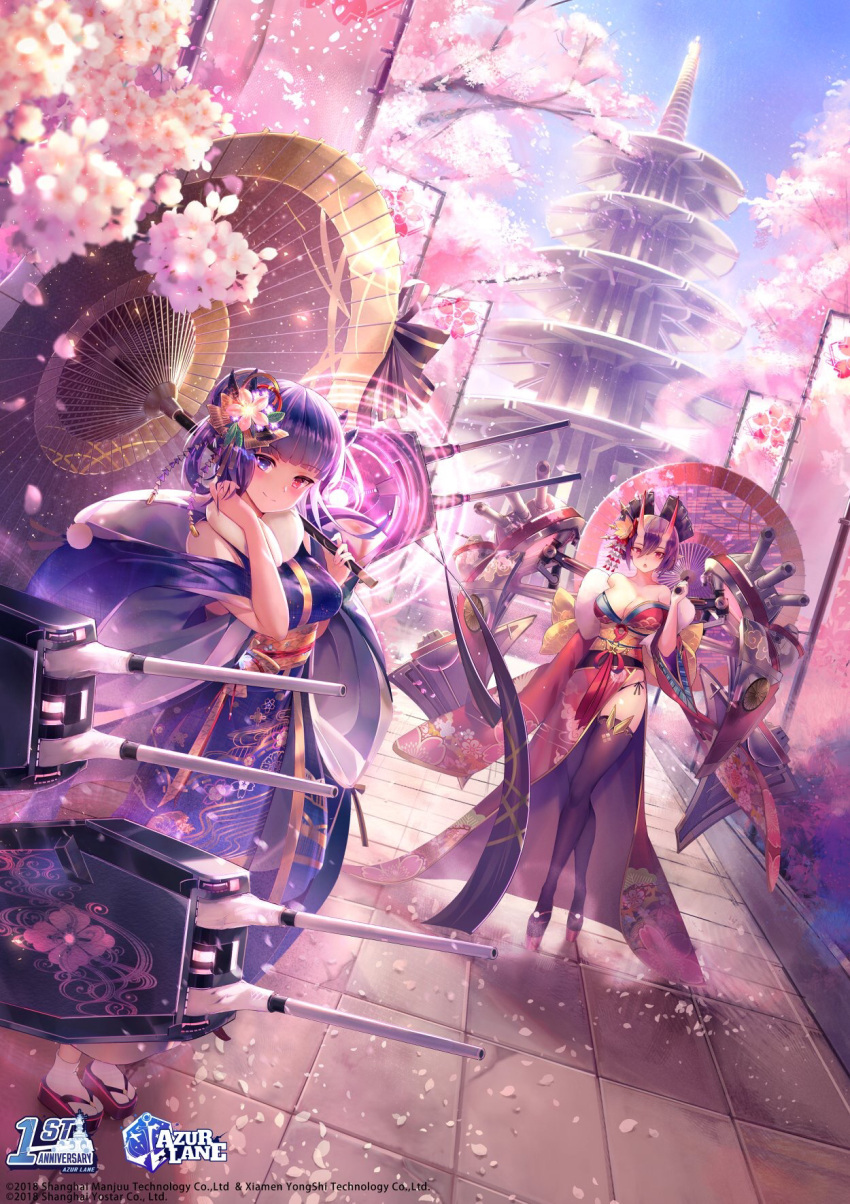 2girls :o architecture azur_lane bangs bare_shoulders black_legwear blue_eyes blue_hair blue_kimono blush breasts cherry_blossoms closed_mouth crossed_legs day detached_sleeves east_asian_architecture eyebrows_visible_through_hair fur_collar geta hair_between_eyes hair_ornament hand_up heterochromia highres holding holding_umbrella horns ibuki_(azur_lane) izumo_(azur_lane) janyhero japanese_clothes kimono large_breasts logo long_hair long_sleeves looking_at_viewer multiple_girls official_art oni_horns open_mouth oriental_umbrella outdoors petals pointy_ears purple_hair red_eyes red_kimono ribbon rigging sidelocks smile tabi thigh-highs torii tree umbrella watermark watson_cross wide_sleeves
