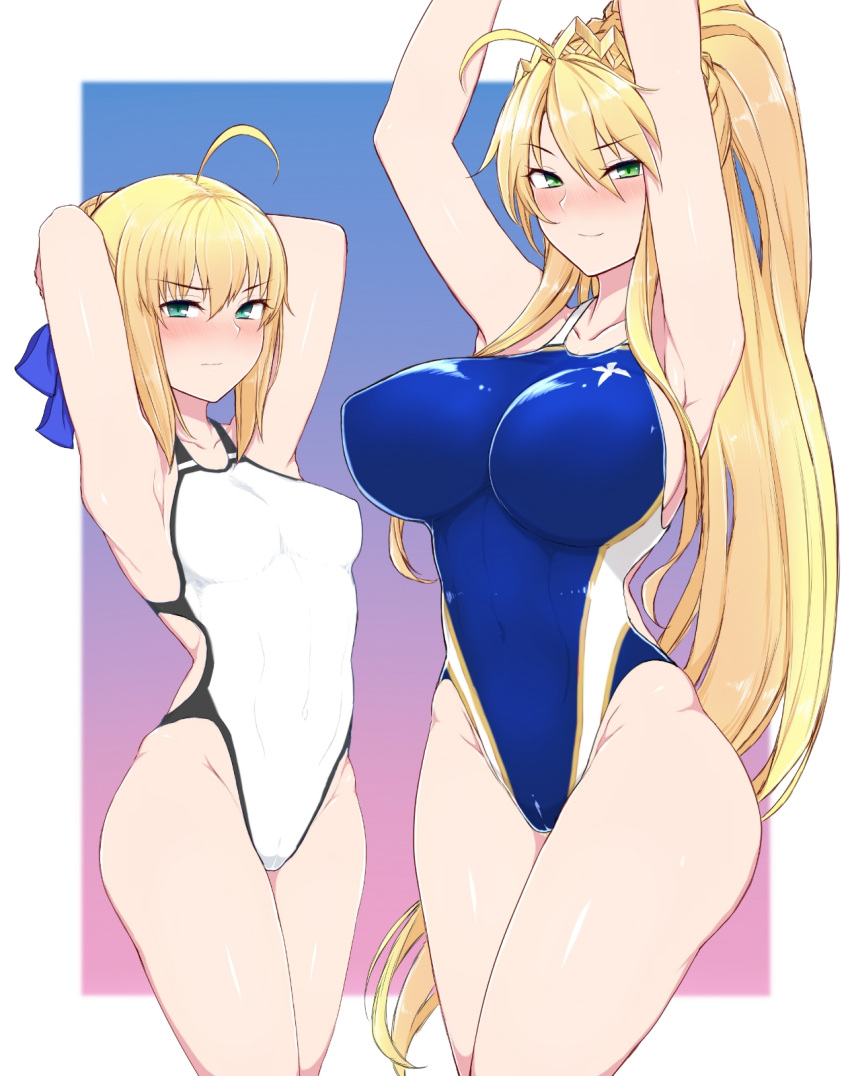 2girls ahoge armpits arms_behind_head artoria_pendragon_(all) artoria_pendragon_(lancer) blonde_hair blush breast_envy breasts closed_mouth collarbone competition_swimsuit fate/grand_order fate_(series) full-face_blush green_eyes height_difference highres kuyou_(artist) large_breasts long_hair long_ponytail looking_at_viewer medium_breasts medium_hair multiple_girls one-piece_swimsuit saber sidelocks swimsuit thighs very_long_hair