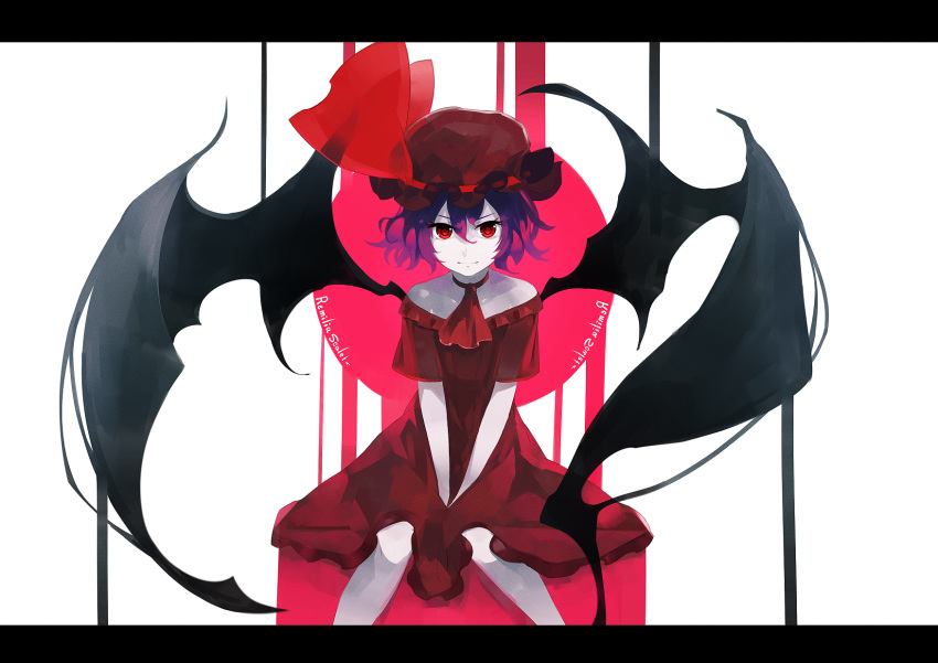 1girl ascot bat_wings between_legs blue_hair character_name commentary_request dress frills hat hat_ribbon highres looking_at_viewer mob_cap o_(crazyoton46) off-shoulder_dress off_shoulder red_dress red_eyes red_headwear red_neckwear red_ribbon remilia_scarlet ribbon short_sleeves sitting solo touhou white_background wings