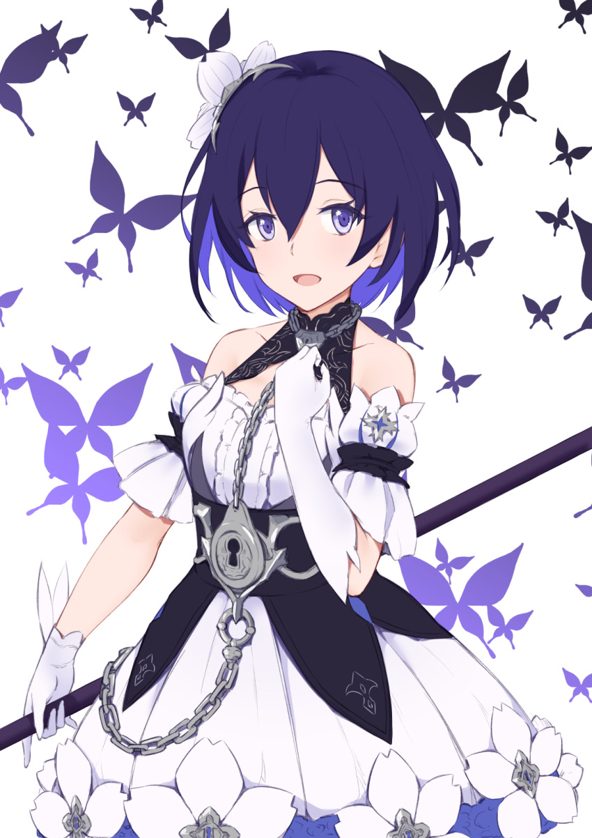 1girl :d asymmetrical_gloves bangs black_hair bug butterfly chain collarbone commentary_request detached_sleeves dress elbow_gloves eyebrows_visible_through_hair flower gloves hair_between_eyes hair_flower hair_ornament highres holding honkai_(series) honkai_impact_3rd insect jilu keyhole looking_at_viewer multicolored_hair open_mouth puffy_short_sleeves puffy_sleeves purple_hair seele_vollerei short_sleeves simple_background single_elbow_glove sleeveless sleeveless_dress smile solo two-tone_hair violet_eyes white_background white_dress white_flower white_gloves white_sleeves