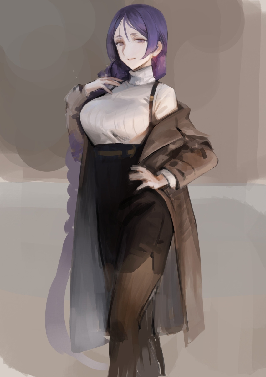 1girl absurdres alternate_costume bangs breasts casual closed_mouth coat dokshuri fate/grand_order fate_(series) high-waist_skirt highres large_breasts long_hair looking_at_viewer low-tied_long_hair minamoto_no_raikou_(fate/grand_order) off_shoulder pantyhose parted_bangs purple_hair skirt smile sweater turtleneck turtleneck_sweater very_long_hair violet_eyes white_sweater
