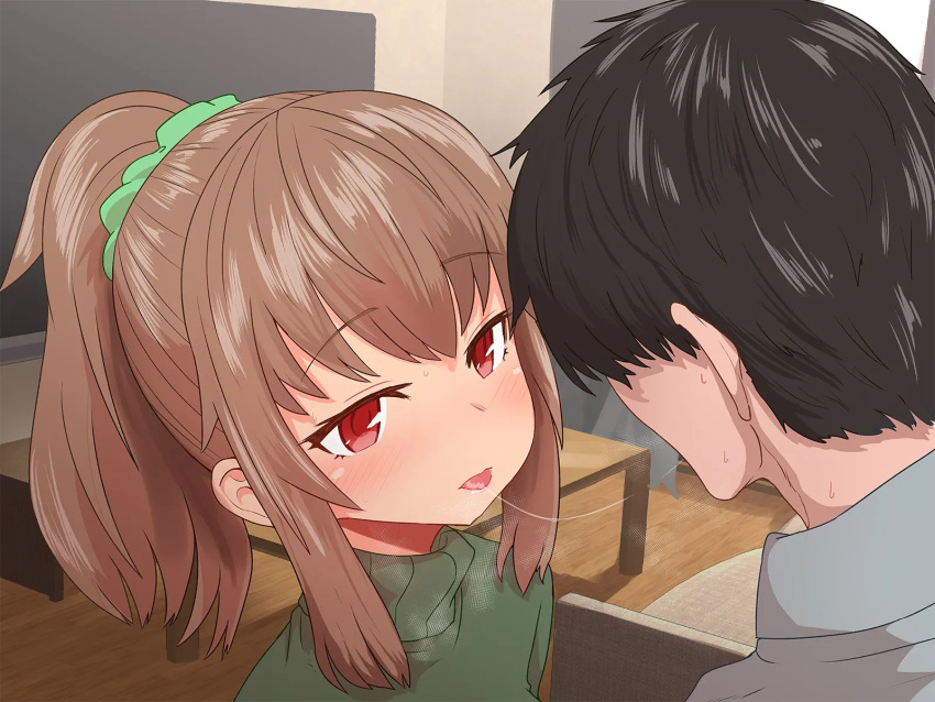 1boy 1girl black_hair blush brown_hair chair green_scrunchie green_sweater grey_shirt hair_ornament hair_scrunchie hetero highres kiss looking_at_another manaka_(sumiyao) original ponytail red_eyes saliva saliva_trail scrunchie shirt short_hair sidelocks sumiyao_(amam) sweat sweater table tongue turtleneck turtleneck_sweater upper_body