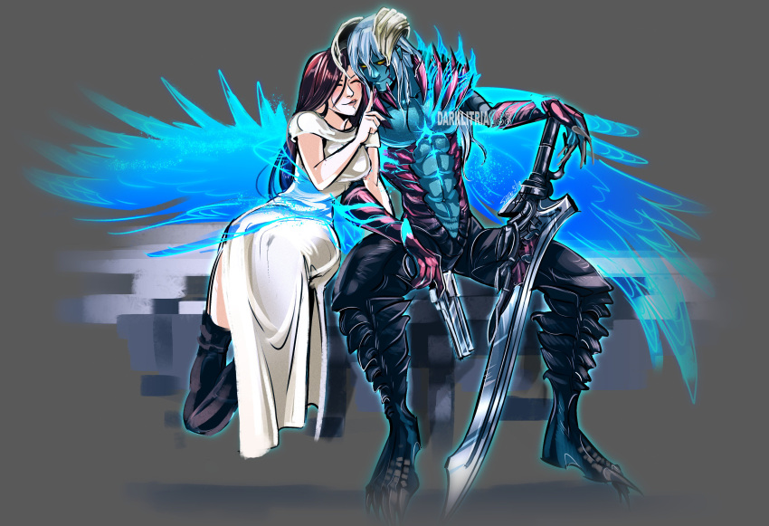 1boy 1girl abs absurdres alternate_form blue_skin brown_hair claws couple darklitria demon_boy devil_may_cry devil_may_cry_5 devil_trigger dress glowing glowing_wings grey_background highres horns kyrie long_hair monster_boy nero_(devil_may_cry) parted_lips red_queen_(sword) shoulder_spikes silver_hair simple_background sitting smile spikes sword two-tone_skin weapon wings yellow_eyes