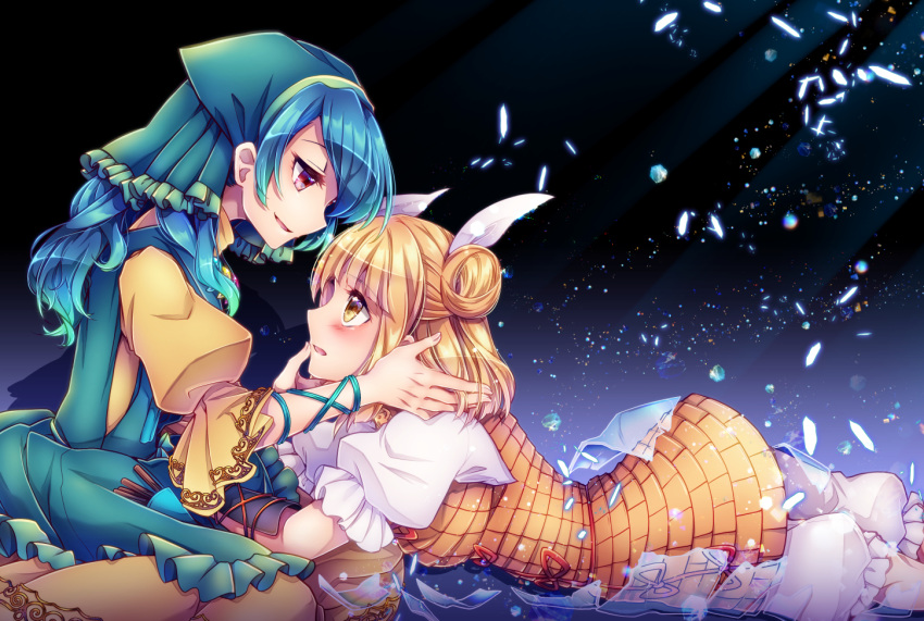 2girls amagumo apron armor bangs black_background blonde_hair bloomers blue_background blue_hair blunt_bangs blush commentary_request double_bun dress eye_contact eyebrows_visible_through_hair gradient gradient_background hair_between_eyes hair_ribbon hand_in_another's_hair hand_on_another's_face haniyasushin_keiki hood japanese_armor joutouguu_mayumi light_particles long_hair looking_at_another lying medium_hair multiple_girls on_stomach open_mouth parted_lips red_eyes ribbon shards sideways_mouth sitting smile touhou underwear wariza yellow_dress
