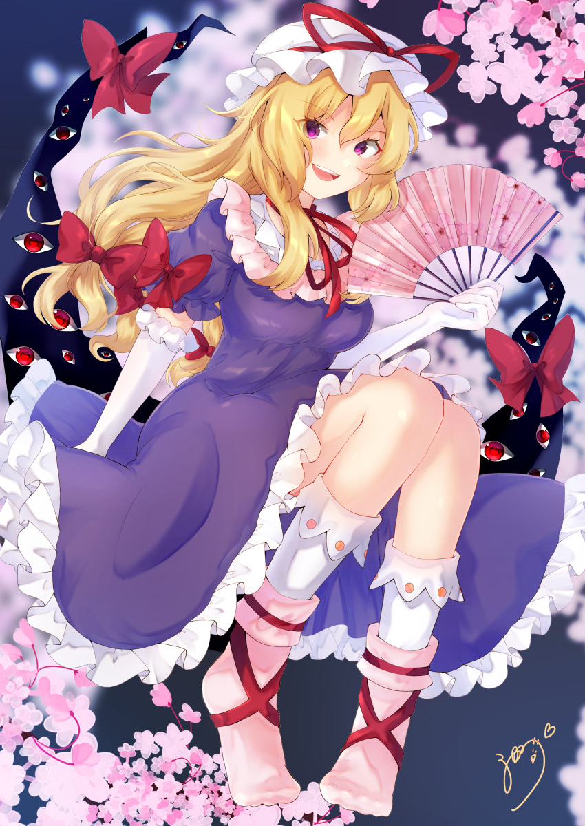 1girl :d absurdres bangs blonde_hair blush bow breasts cherry_blossoms choker commentary_request dress elbow_gloves eyebrows_visible_through_hair fan folding_fan frills gap gloves hair_between_eyes hair_bow hand_up hat hat_ribbon highres holding holding_fan kneehighs knees_up long_hair looking_at_viewer medium_breasts no_shoes open_mouth partial_commentary petticoat pink_legwear puffy_short_sleeves puffy_sleeves purple_dress red_bow red_choker red_ribbon ribbon ribbon_choker short_sleeves signature sitting smile socks solanikieru solo touhou violet_eyes white_gloves white_legwear yakumo_yukari