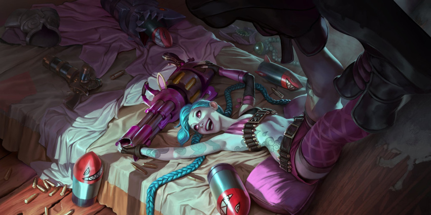 1girl bandolier belt bikini_top braid breasts bullet fingerless_gloves gloves highres jinx_(league_of_legends) league_of_legends long_hair midriff official_art pale_skin pink_eyes short_shorts shorts single_thighhigh small_breasts tattoo thigh-highs twin_braids very_long_hair weapon