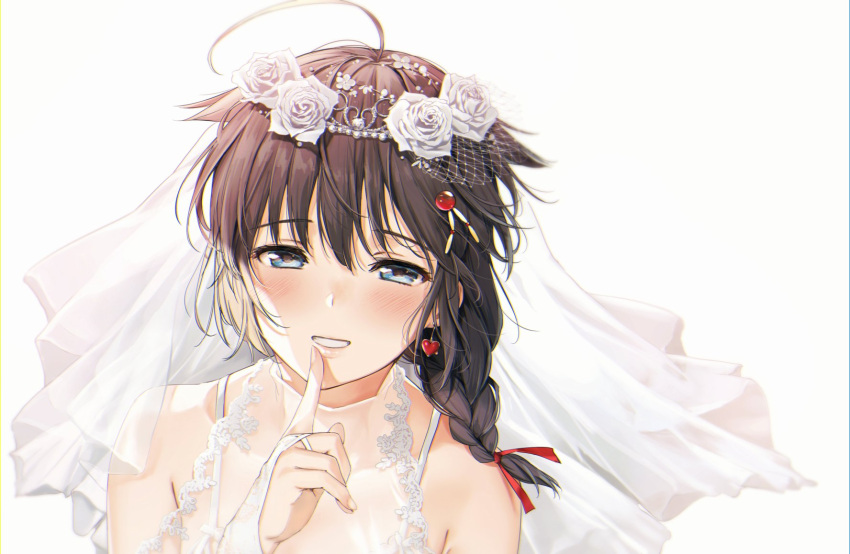 1girl ahoge bangs bare_shoulders black_hair blue_eyes blush braid bridal_gauntlets bridal_veil commentary dress earrings flower gloves hair_flaps hair_flower hair_ornament hair_over_shoulder hair_ribbon heart heart_earrings highres index_finger_raised jewelry kantai_collection long_hair looking_at_viewer parted_lips remodel_(kantai_collection) ribbon rose shigure_(kantai_collection) sidelocks smile solo tiara umakuchi_shouyu upper_body veil wedding_dress white_dress white_flower white_gloves white_rose