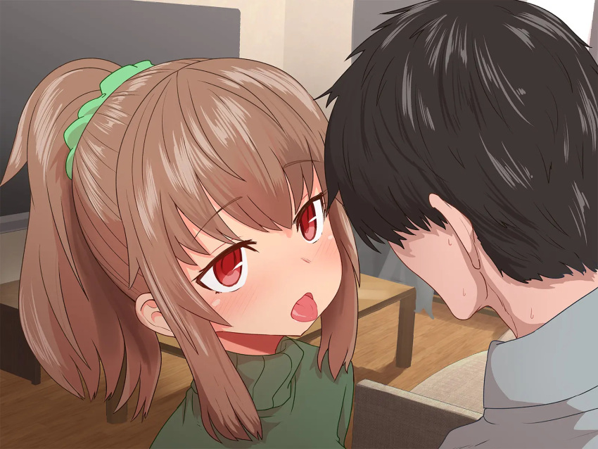 1boy 1girl black_hair blush brown_hair chair green_scrunchie green_sweater grey_shirt hair_ornament hair_scrunchie highres looking_at_another manaka_(sumiyao) original ponytail red_eyes scrunchie shirt short_hair sidelocks sumiyao_(amam) sweat sweater table tongue tongue_out turtleneck turtleneck_sweater upper_body