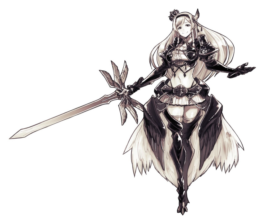 1girl armor braid breasts crown gauntlets greaves hair_ornament holding holding_sword holding_weapon large_breasts long_hair navel pauldrons princess_battle_royale simple_background skirt smile standing sword thigh-highs tsuyoshi_takaki weapon white_background zettai_ryouiki