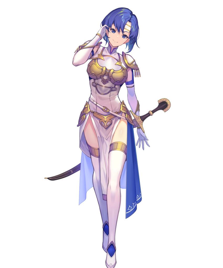 1girl arm_guards armor bangs blue_eyes blue_hair boots breastplate catria_(fire_emblem) dress elbow_gloves fire_emblem fire_emblem:_mystery_of_the_emblem fire_emblem_echoes:_shadows_of_valentia fire_emblem_heroes full_body gloves headband highres kakage short_hair shoulder_pads solo sword thigh-highs thigh_boots weapon white_footwear
