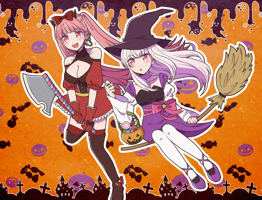 2girls axe blush bow breasts broom candy castle earrings fang fire_emblem fire_emblem:_three_houses fire_emblem:_three_houses fire_emblem_heroes ghost gloves hair_bow halloween halloween_costume hilda_valentine_goneril hotariin intelligent_systems koei_tecmo loli long_hair lysithea_von_ordelia moe nintendo pink_eyes pink_hair pumpkin ribbon super_smash_bros. teenage twintails weapon white_hair witch_hat