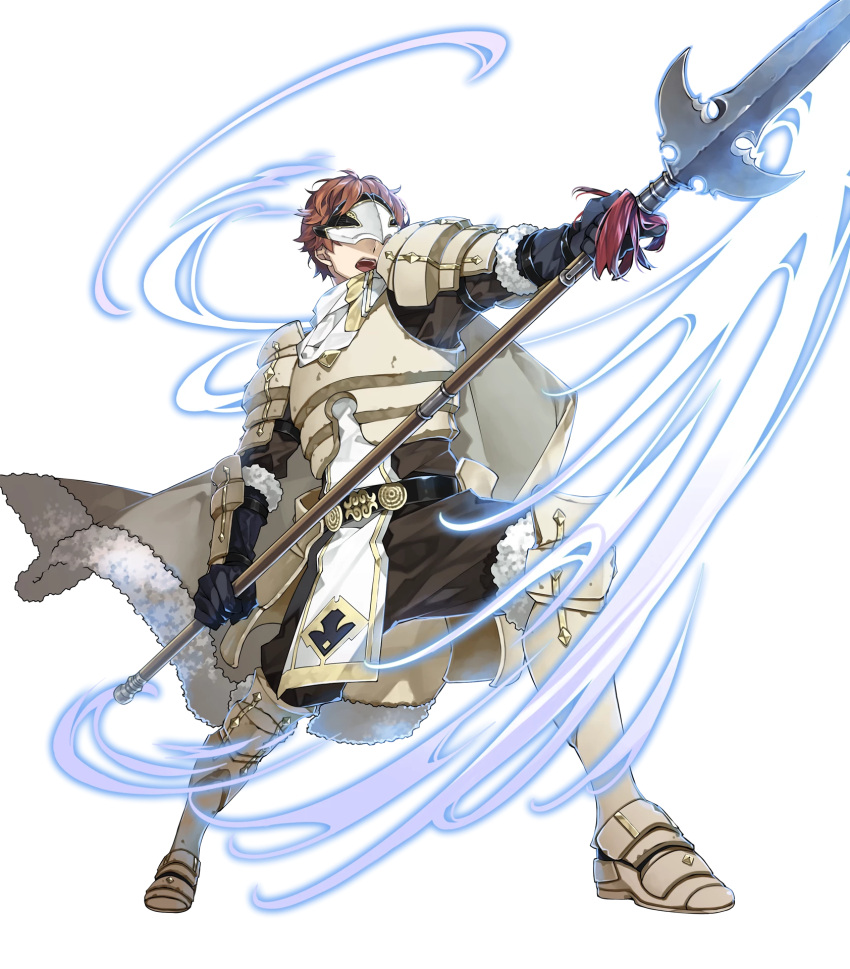 1boy 88_taho armor armored_boots aura boots cape conrad_(fire_emblem) fire_emblem fire_emblem_echoes:_shadows_of_valentia fire_emblem_heroes full_body fur_trim gloves highres mask official_art open_mouth orange_hair polearm scarf solo spear teeth transparent_background weapon