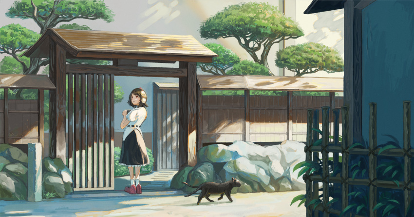 black_hair bush camera fjsmu garden gate hat highres kaenbyou_rin kaenbyou_rin_(cat) looking_to_the_side looking_up multiple_tails open_mouth pom_pom_(clothes) red_eyes rock scenery shameimaru_aya short_hair skirt sunlight tail tokin_hat touhou tree two_tails wall