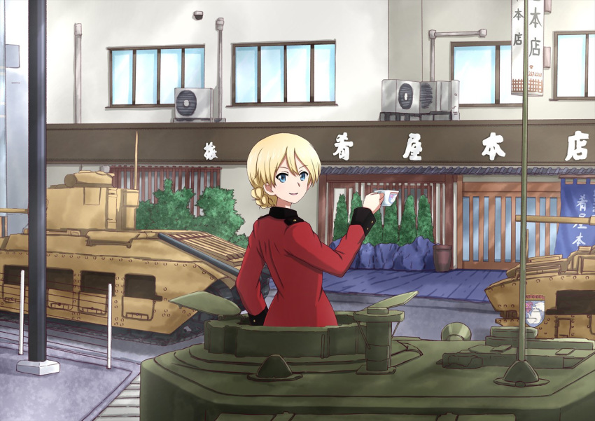 1girl bangs blonde_hair blue_eyes braid building churchill_(tank) commentary cup darjeeling day epaulettes from_behind girls_und_panzer ground_vehicle highres holding holding_cup jacket lamppost long_sleeves looking_at_viewer looking_back matilda_(tank) military military_uniform military_vehicle motor_vehicle omachi_(slabco) ooarai_(ibaraki) open_mouth outdoors red_jacket road short_hair smile solo st._gloriana's_military_uniform street tank teacup tied_hair uniform