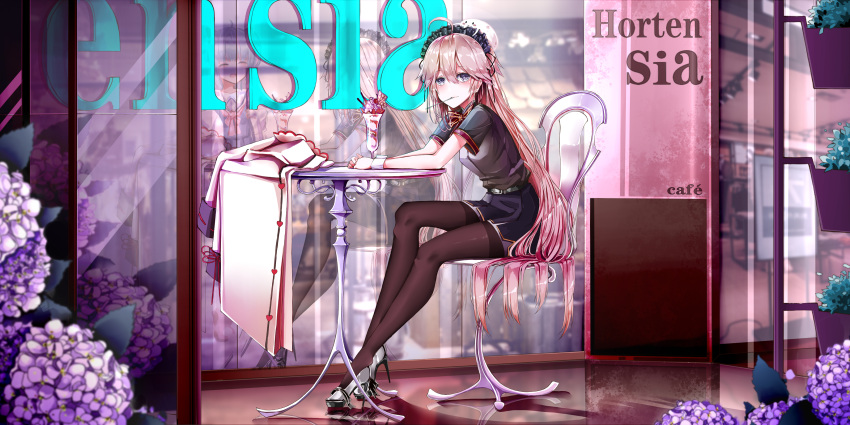 1girl absurdres anotoki_ashi black_legwear breasts cafe chair commentary_request copyright_request hair_between_eyes highres in_mouth jacket long_hair looking_at_viewer medium_breasts pantyhose pink_hair shoes short_sleeves sitting smile solo table violet_eyes wrist_cuffs