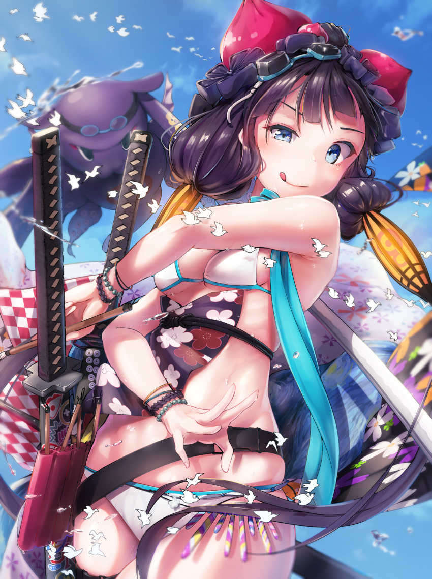 1girl :q amamami_prime bangs bare_shoulders belt bikini blue_eyes blue_sky blurry blurry_background blush bracelet breasts day eyebrows_visible_through_hair fate/grand_order fate_(series) floral_print goggles goggles_on_head hair_ornament highres jewelry katana katsushika_hokusai_(fate/grand_order) katsushika_hokusai_(swimsuit_saber)_(fate) long_hair looking_at_viewer medium_breasts multiple_swords octopus outdoors purple_hair skirt sky smile solo splashing swimsuit sword tokitarou_(fate/grand_order) tongue tongue_out weapon white_bikini