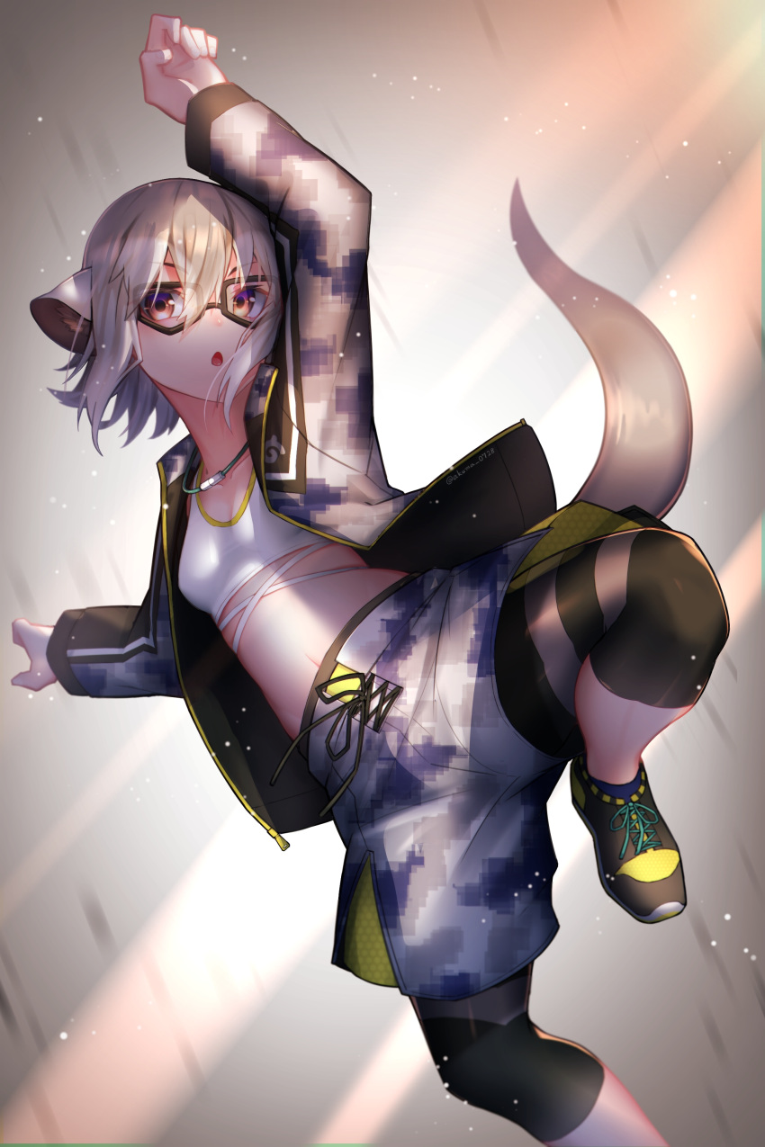 1girl absurdres animal_ear_fluff animal_ears arm_up bangs black-framed_eyewear breasts brown_eyes commentary glasses hair_between_eyes highres jacket kemono_friends knee_up leggings meerkat_(kemono_friends) meerkat_ears meerkat_tail midriff open_clothes open_jacket open_mouth shoes short_hair shorts small_breasts solo st.takuma tail v-shaped_eyebrows white_hair