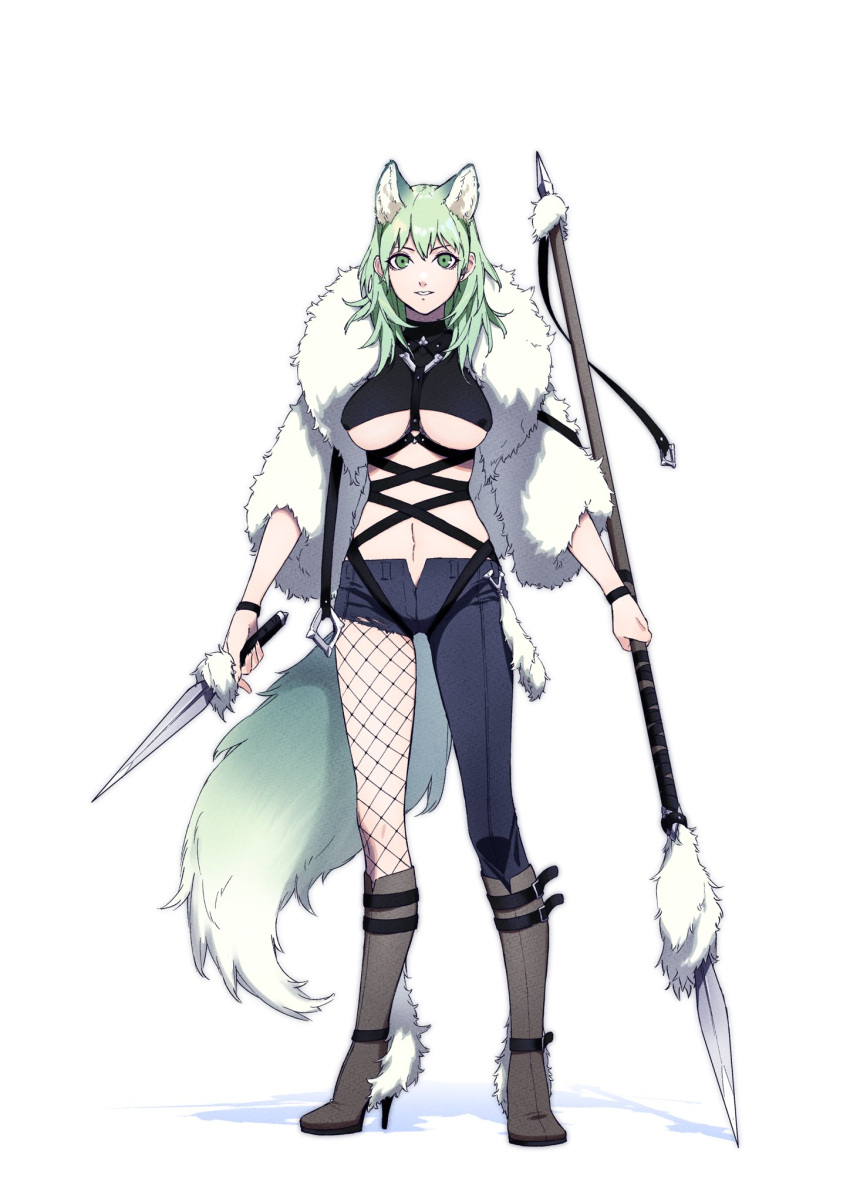 1girl alternate_costume animal_ears between_breasts boots breasts brown_footwear byleth_(fire_emblem) byleth_eisner_(female) byleth_eisner_(female) clovisxvii covered_nipples crop_top dagger denim female_my_unit_(fire_emblem:_three_houses) fire_emblem fire_emblem:_three_houses fire_emblem:_three_houses fire_emblem_heroes fire_emblem_musou fire_emblem_warriors fishnet_pantyhose fishnets full_body fur_coat green_eyes green_hair halloween high_heel_boots high_heels highres intelligent_systems jeans knee_boots koei_tecmo looking_at_viewer medium_breasts medium_hair midriff my_unit_(fire_emblem:_three_houses) navel nintendo pants pantyhose polearm simple_background solo spear standing strap_between_breasts super_smash_bros. torn_clothes torn_jeans torn_pants turtleneck under_boob weapon white_background wolf_ears wolf_tail wristband