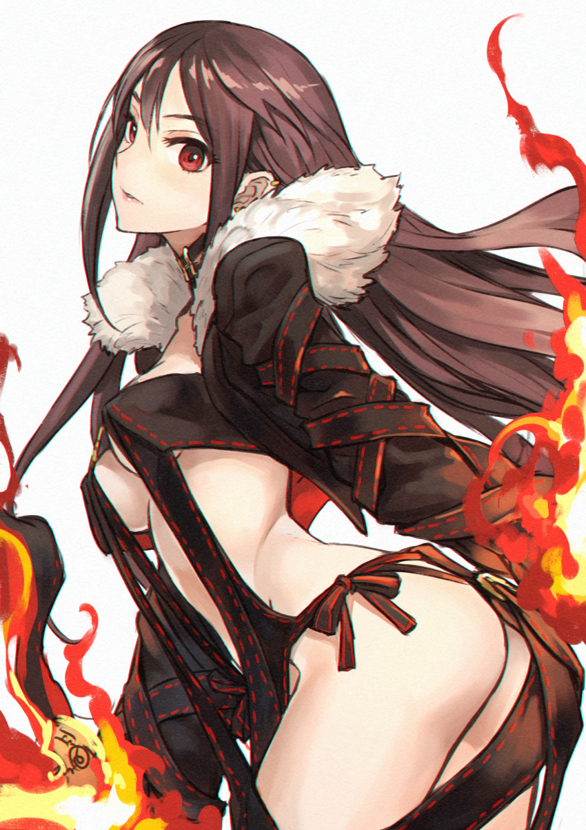 1girl arched_back ass bangs black_choker black_dress black_jacket blush breasts brown_hair center_opening choker commentary_request consort_yu_(fate) dress ear_piercing earrings fate/grand_order fate_(series) fire from_side fur-trimmed_jacket fur_trim highres jacket jewelry leaning_forward lips long_hair long_sleeves looking_at_viewer multiple_earrings ninnin_(shishitou) open_clothes open_jacket open_mouth parted_lips piercing red_eyes revealing_clothes ribbon-trimmed_clothes ribbon-trimmed_dress ribbon_trim sidelocks simple_background small_breasts solo thighs under_boob very_long_hair white_background