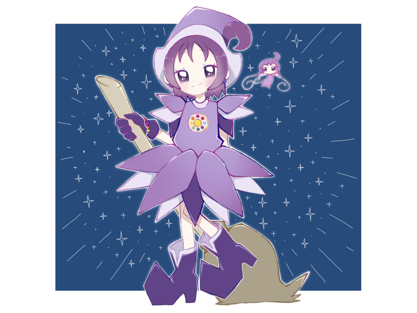 1girl border broom dress earrings eyelashes full_body gloves highres holding holding_broom jewelry looking_at_viewer ojamajo_doremi purple_dress purple_footwear purple_gloves purple_hair ro_ru_witch roro_(ojamajo_doremi) segawa_onpu short_hair sparkle violet_eyes white_border