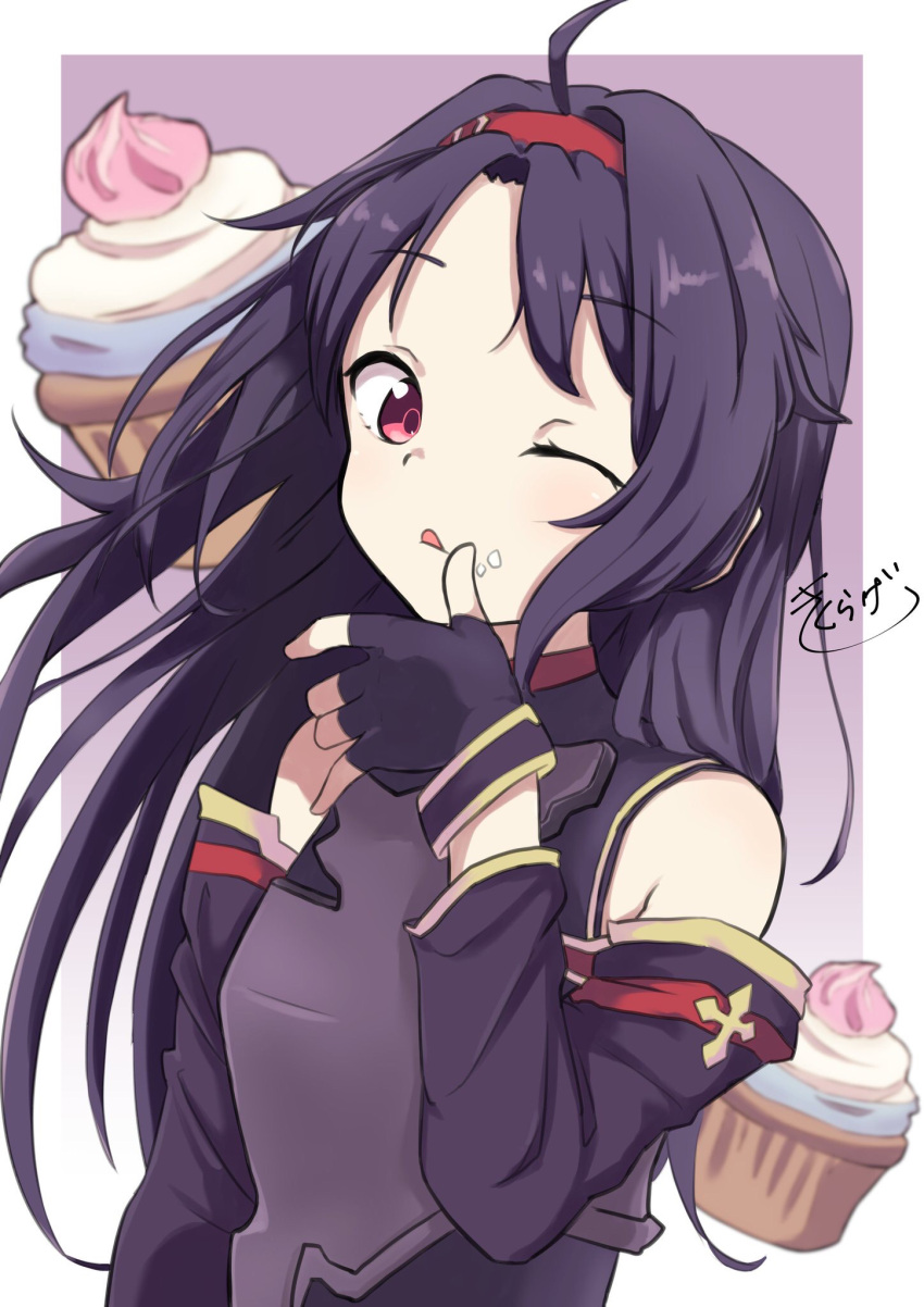 1girl ahoge commentary_request cream detached_sleeves eyebrows_visible_through_hair fingerless_gloves gloves hairband highres long_hair looking_at_viewer one_eye_closed pointy_ears purple_hair red_eyes smile solo sword_art_online tongue tongue_out translation_request very_long_hair with_s yuuki_(sao)