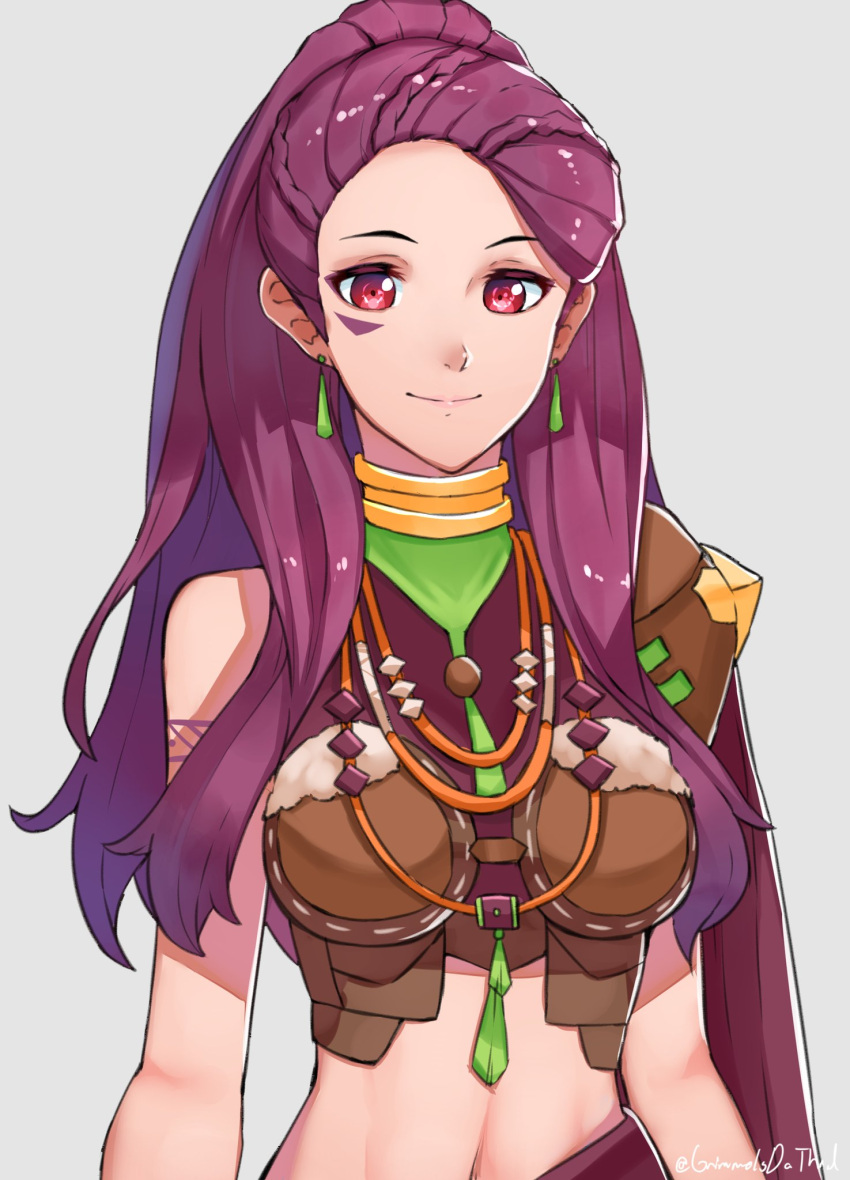1girl closed_mouth earrings facial_mark fire_emblem fire_emblem:_three_houses grey_background grimmelsdathird highres jewelry long_hair petra_macneary purple_hair simple_background smile solo twitter_username upper_body