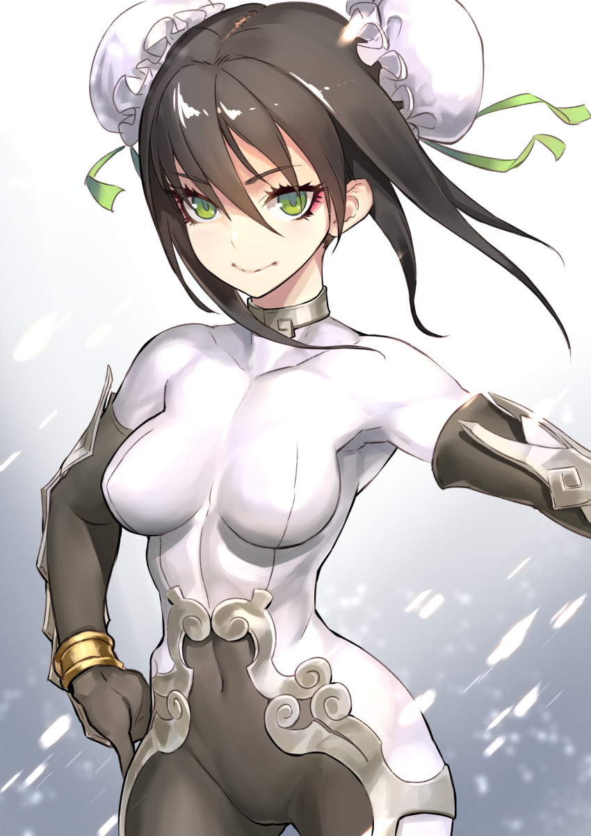1girl black_gloves bodysuit bracelet breasts brown_hair bun_cover closed_mouth commentary_request covered_navel cowboy_shot double_bun elbow_gloves eyebrows_visible_through_hair eyeliner fate/grand_order fate_(series) gloves gradient gradient_background green_eyes green_ribbon grey_background hair_between_eyes hair_ribbon hand_on_hip highres jewelry looking_at_viewer makeup medium_breasts ninnin_(shishitou) qin_liangyu_(fate) ribbon short_hair sidelocks smile solo vambraces white_bodysuit