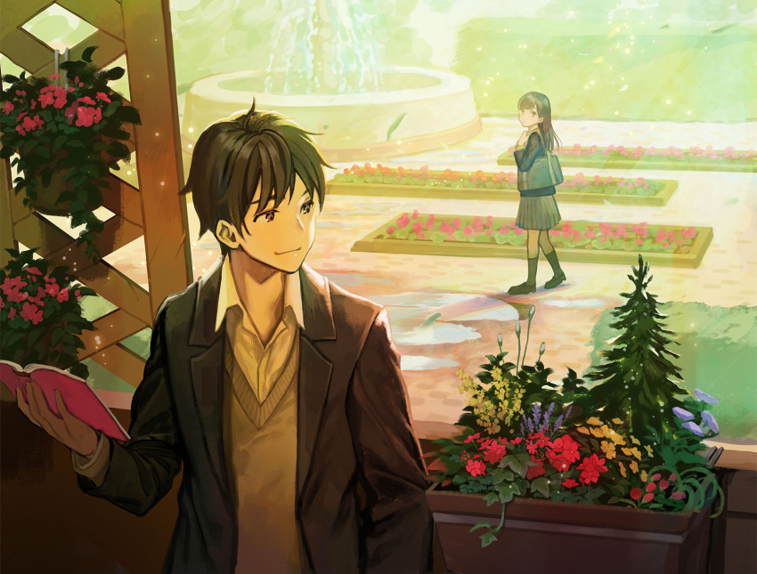 1boy 1girl bag black_hair blazer book brown_eyes courtyard flower fountain highres holding holding_book jacket kneehighs kururi light_particles light_rays loafers long_hair looking_at_another looking_back looking_to_the_side notebook original outdoors plant potted_plant puddle school_bag school_uniform shoes short_hair smile sweater walking