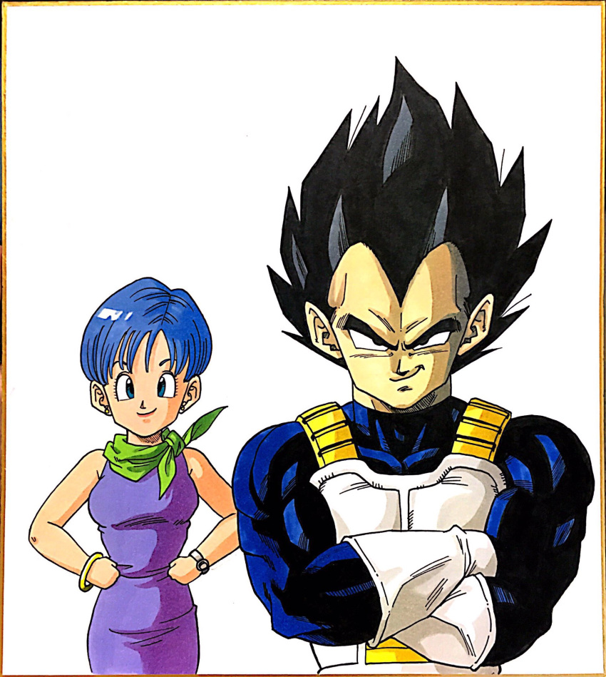 1boy 1girl armor black_eyes black_hair blue_eyes blue_hair bulma crossed_arms dragon_ball dragon_ball_super dress earrings gloves hands_on_hips highres husband_and_wife jewelry lee_(dragon_garou) marker_(medium) muscle neckerchief purple_dress short_hair smile stud_earrings traditional_media vegeta watch watch white_gloves wrist_cuffs